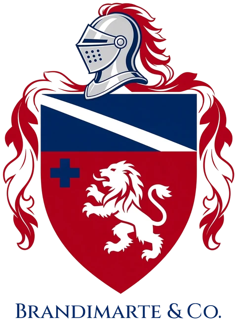 The Brandimarte & Co. crest: a knight's helm above a shield with a cross and a lion